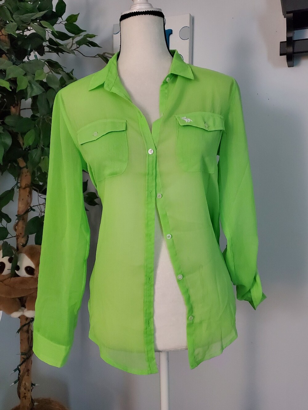 ABERCROMBIE & FITCH Y2K Sheer Chiffon Tab Sleeve Button Down S
